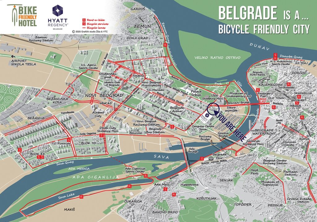 Hyatt Regency Belgrade - Bike Friendly - Hotel map with cycling routes in Belgrade